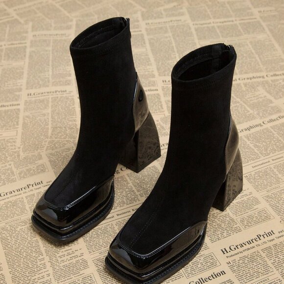 Black Elegant Women's Waterproof Platform Heel High Boots - Picture 2 of 5